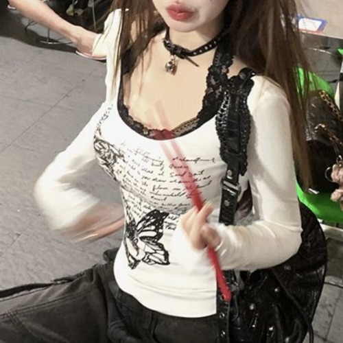 Official picture of 260cm white lace printed T-shirt women's long-sleeved bottoming u-neck top