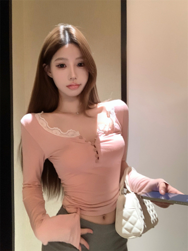 Real shot ~ Heart-thrilling Meow Pure Desire lace button T-shirt slim fit with pink long-sleeved top