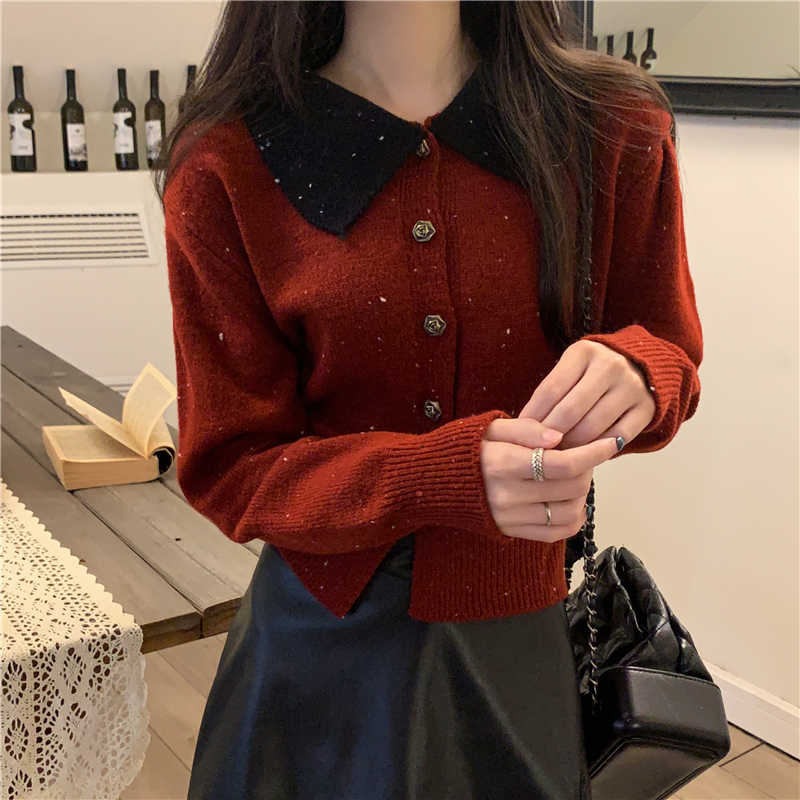 Real shot real winter new retro red contrast polo collar knitted sweater cardigan for women
