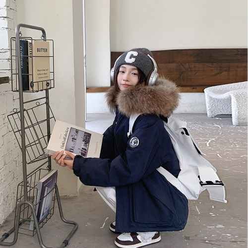 Actual shot of couple's workwear, new down-padded jacket, hooded, large fur collar, short style parka, Korean style loose cotton coat