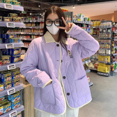 Xinbangbang homemade coat with contrasting color stitching lapel 2024 new style bear embroidered diamond pattern bread cotton padded jacket for women