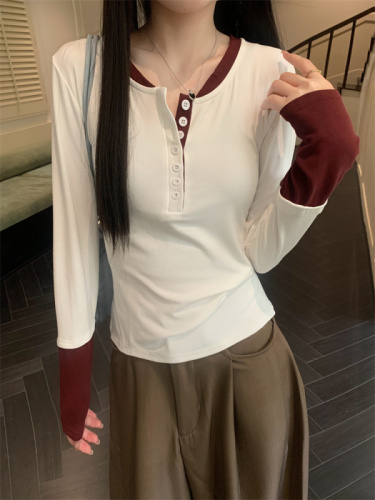 Real shot of pure lust style half-open collar spliced ​​long-sleeved slim top fake two-piece versatile pullover T-shirt