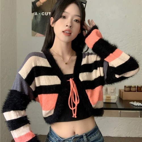 Real price hot girl sweater coat cardigan niche loose autumn and winter short striped sweater top