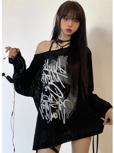 Official Photo White Bottoming Shirt Women's Summer Blouse Graffiti Print Long Sleeve T-Shirt Loose T-Shirt Trendy