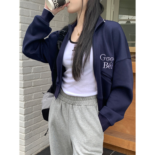 Real shot of American retro sports style hottie short sweatshirt for women in autumn small zipper thin cardigan jacket