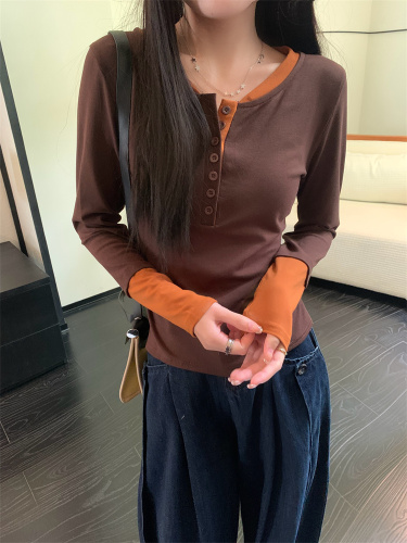 Real shot of pure lust style half-open collar spliced ​​long-sleeved slim top fake two-piece versatile pullover T-shirt