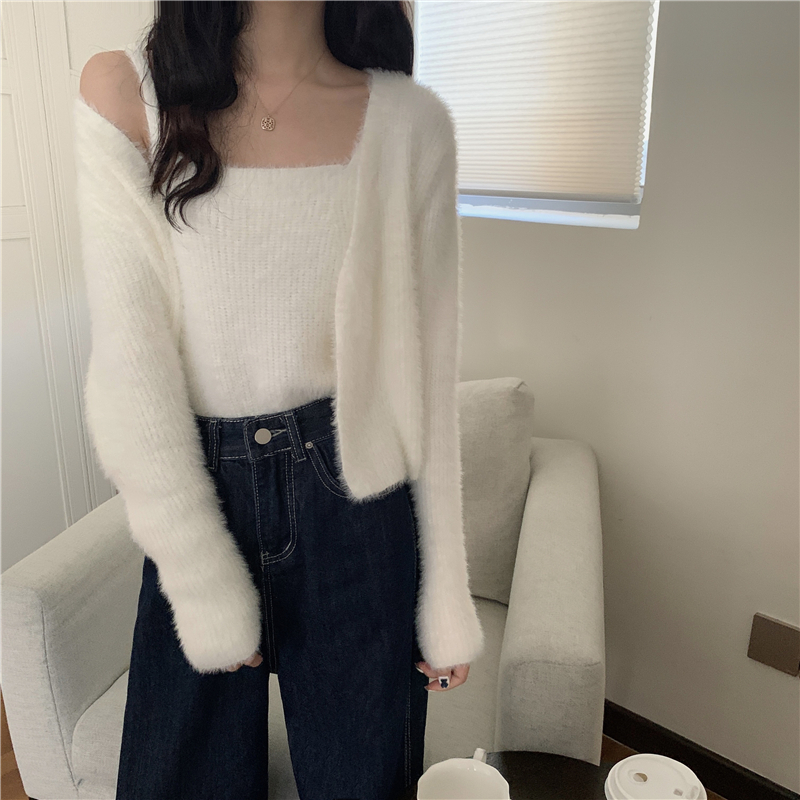 Real shot, real autumn and winter new soft waxy mink plush two-piece knitted sweater cardigan suit