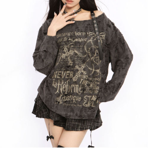 Official picture of sweet and cool printed long-sleeved T-shirt, loose sun protection cover-up, ripped hot girl top, slimming