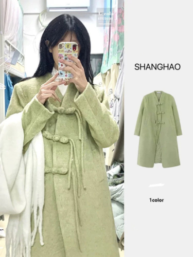 Women's woolen coat winter new Chinese style retro national style mid-length buckle woolen coat small person loose and thickened