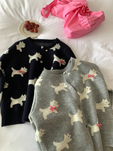 2024 Autumn New Butterfly Knot Puppy Embroidered Round Neck Knitted Sweater for Women Sweet Cardigan Outerwear