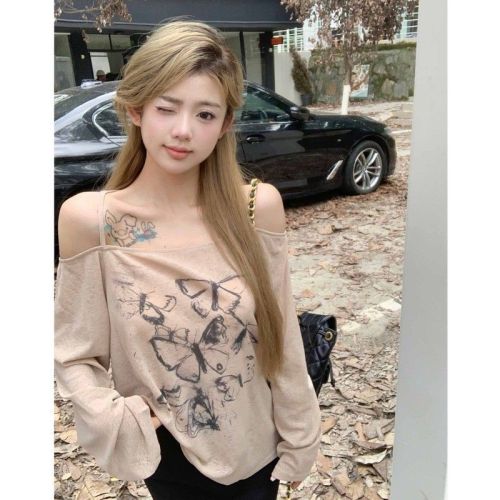 Official picture of Sweet Girl Halter Neck Long Sleeve T-shirt Women's Autumn Butterfly Printed Shirt Chic Off-the-Shoulder Top