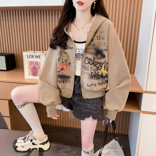 | Real shot | Pure cotton Chinese cotton | Back collar | Korean style loose hooded sweatshirt graffiti jacket for women