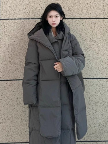 Winter warm hanging removable hood large quilt scarf long cotton coat down jacket for women