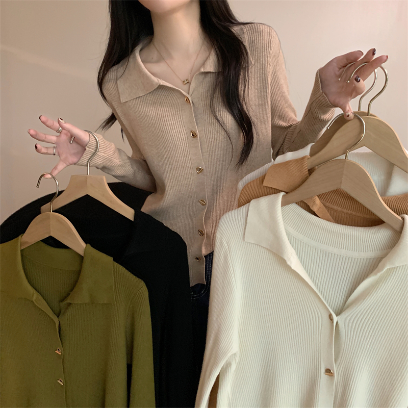 Real shot, real autumn polo collar button design knitted cardigan with sweater jacket for women