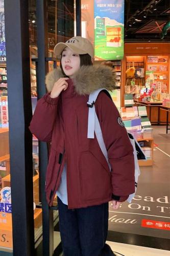 Actual shot of couple's workwear, new down-padded jacket, hooded, large fur collar, short style parka, Korean style loose cotton coat