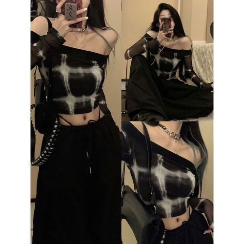 Official photo of one-piece neckline short navel-baring long-sleeved T-shirt women's tie-dye glitter star outer top