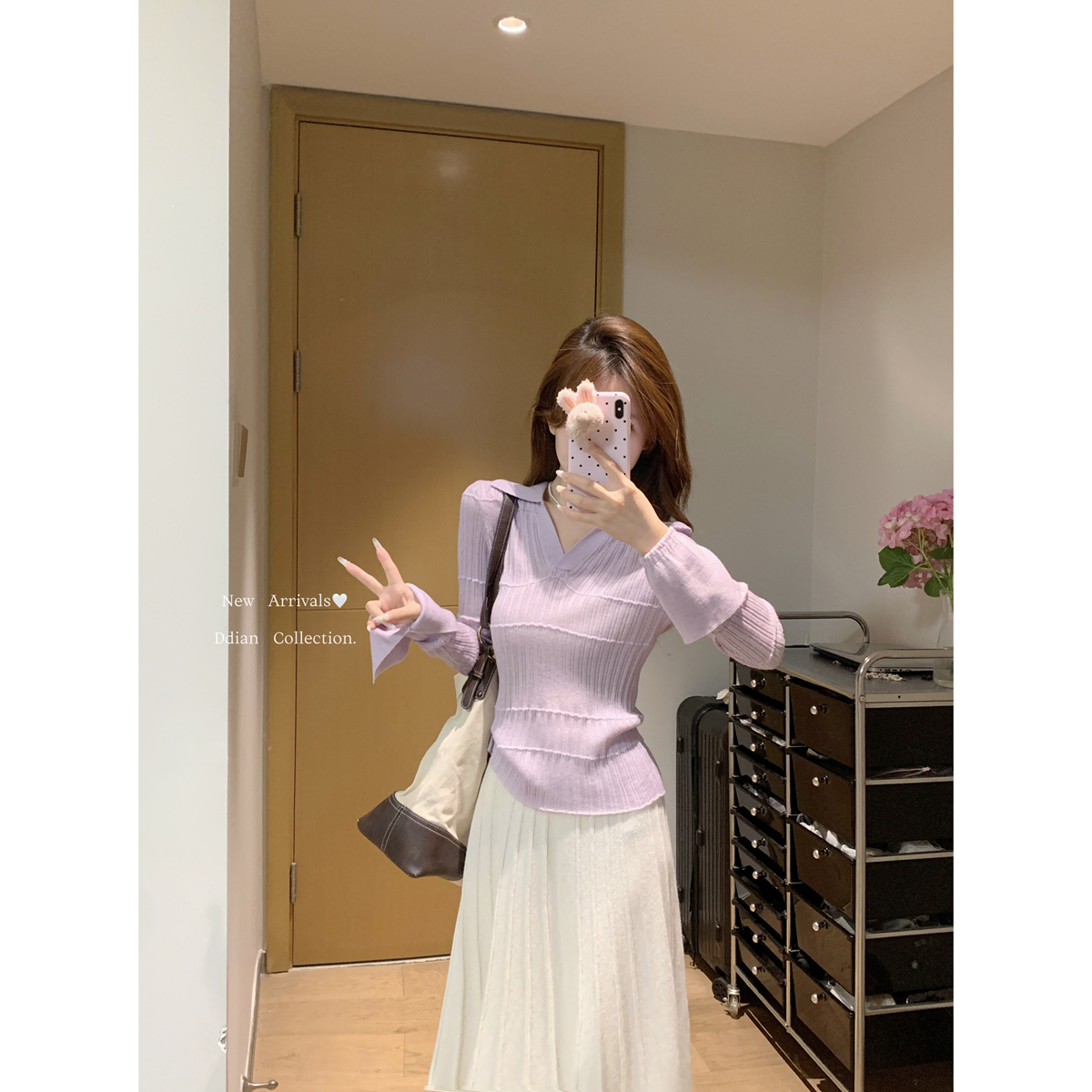 Real shot of autumn and winter Korean style polo collar temperament slit bell sleeves 6 wool knitted long-sleeved bottoming top