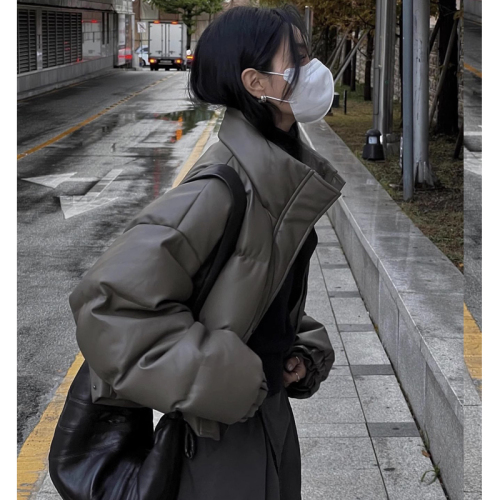 PU leather short down jacket for women in winter, loose and slimming, thickened, small-sized bread coat, cotton jacket