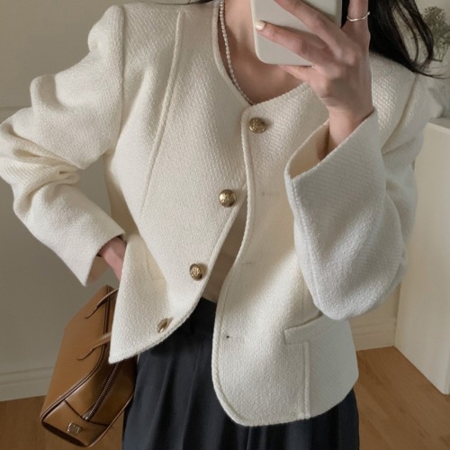 Korean style ins simple style small fragrant short coat women's round neck gold buckle loose versatile top