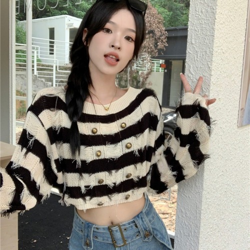 Real shot price Striped fringed sweater for women with slim style and one-line collar short sweater top