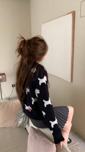 2024 Autumn New Butterfly Knot Puppy Embroidered Round Neck Knitted Sweater for Women Sweet Cardigan Outerwear