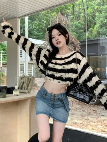 Real shot price Striped fringed sweater for women with slim style and one-line collar short sweater top