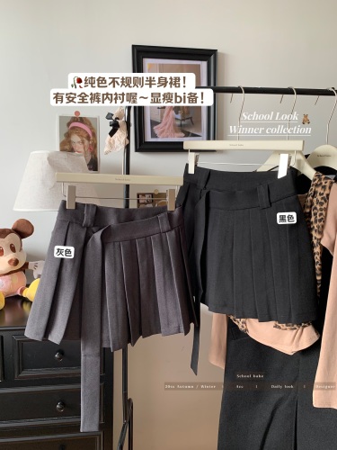 Actual shot of Korean college style pleated skirt with ribbons, new design, high waist and slimming A-line skirt