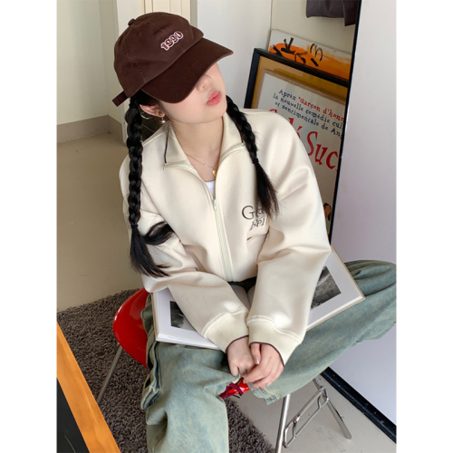 Real shot of American retro sports style hottie short sweatshirt for women in autumn small zipper thin cardigan jacket