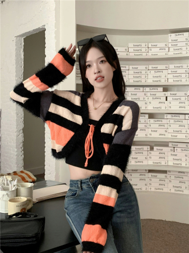 Real price hot girl sweater coat cardigan niche loose autumn and winter short striped sweater top