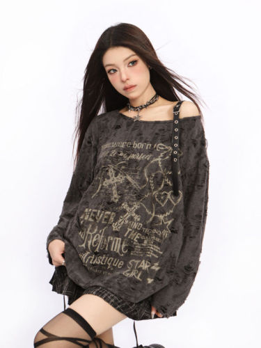 Official picture of sweet and cool printed long-sleeved T-shirt, loose sun protection cover-up, ripped hot girl top, slimming