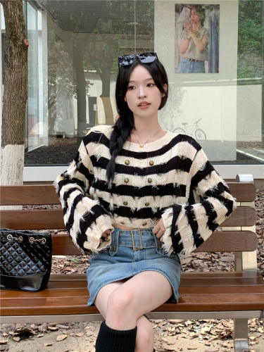 Real shot price Striped fringed sweater for women with slim style and one-line collar short sweater top