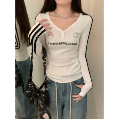 Actual shot of autumn and winter Korean style slim fit v-neck button letter printed strips versatile long-sleeved inner T-shirt top