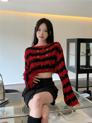 Real shot price Striped fringed sweater for women with slim style and one-line collar short sweater top