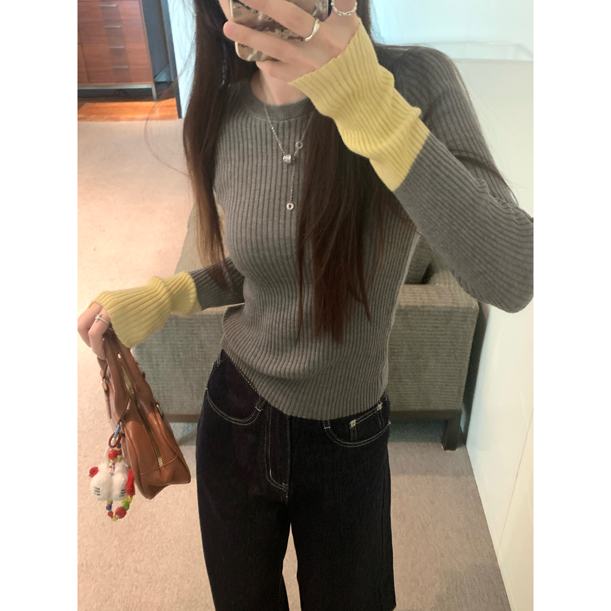 Actual shot of autumn and winter Korean style slim-fitting and elegant cuffs with contrasting color design 6 wool knitted bottoming long-sleeved tops