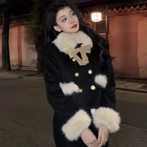 Xiaoxiangfeng suit women's winter new high-end fur collar stitching contrasting color jacket + high waist skirt two-piece set