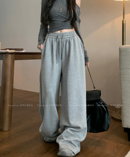 Lazy gray casual pants, autumn sweatpants, women's high-waisted straight pants, wide-leg pants, long trousers, drapey floor-length pants