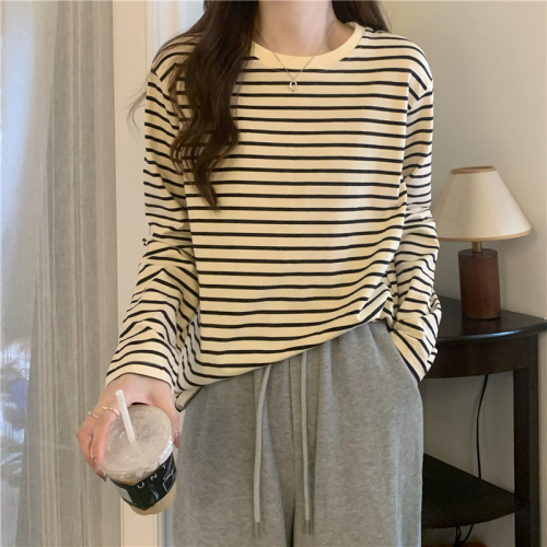 New autumn and winter loose round neck college retro pure cotton striped long-sleeved loose T-shirt bottoming shirt for women