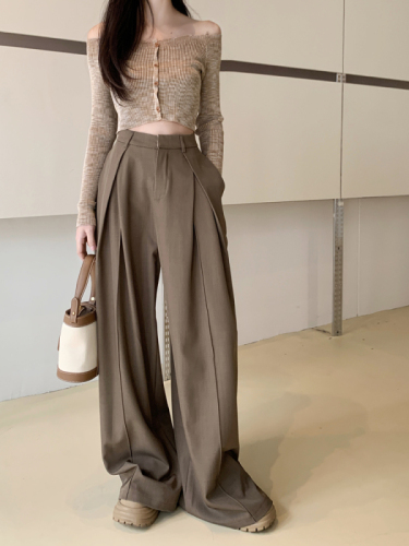 High-end suit pants, casual pants, women's spring black pants, wide-leg pants, loose high-waisted drapey floor-length pants