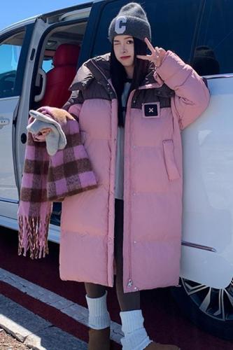 Actual shot of 2024 new winter Korean style hooded cotton coat, long thickened warm cotton coat, loose color matching coat for women