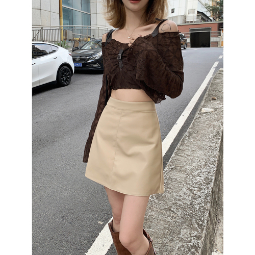 Real shot!  2024 new autumn Korean style high-waisted leather skirt half-length temperament small leather skirt one-step skirt a-line skirt PU short