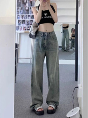 American retro blue jeans for women in spring and autumn new high-waisted slim straight-leg loose drape wide-leg floor-length pants