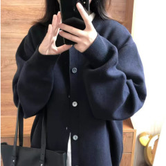 Women's Spring and Autumn Loose Casual Slouchy Unique Casual Versatile High-End Knit Cardigan Sweater Outerwear Top in Navy Blue
