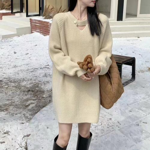 2024 new winter style pullover bright silk thread loose and versatile Korean style mid-length wool knitted sweater dress for women