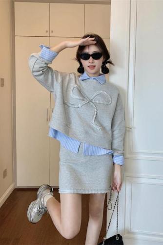 Autumn new layered short sweatshirt striped shirt lace skirt fashionable three-piece suit for women