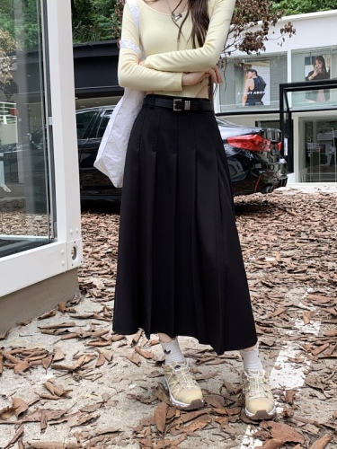 Autumn and winter new style retro high-waist slim drapey crotch-covering suit pleated skirt A-line long skirt for women