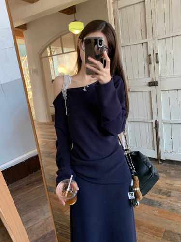 Thickened Navy Slant Collar Lace Sweater Straight Skirt Autumn Women's Suit