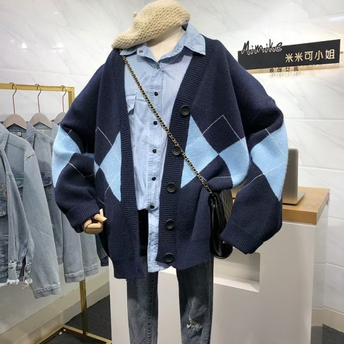 Korean style British style navy blue diamond plaid knitted cardigan sweater loose V-neck mid-length coat for women preppy style