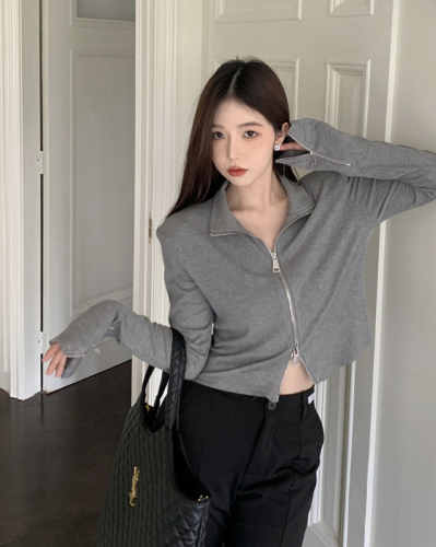 New chic zipper cardigan lapel long-sleeved T-shirt for women autumn short slim fit and stylish top