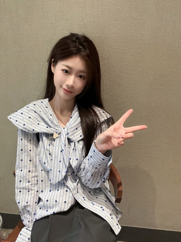 Korean style strappy bow collar blue polka dot striped long-sleeved shirt