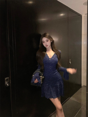Shooted Blue Heavy Industry Lace Dress Pure Desire Sexy Deep V Trumpet Long Sleeve Waist Cinching Short Skirt